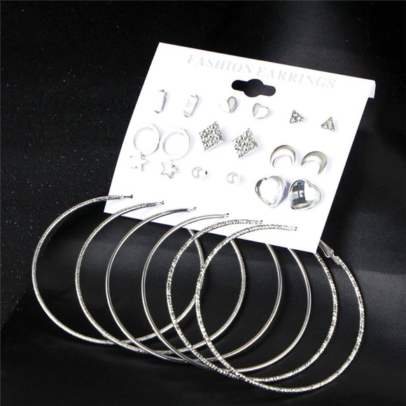 ❤️ SILVER Jewelry - ❤️12 Pair NWT Silver Geometric Crystal Heart Heart Stud Earring Set Mix, F272